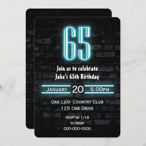 65th Birthday Party Neon Sign on Brick Invitation