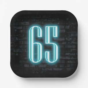 65th Birthday Party Neon Sign on Brick Paper Plates