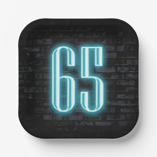 65th Birthday Party Neon Sign on Brick  Paper Plates (Front)