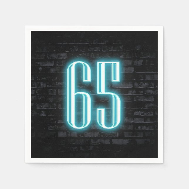 65th Birthday Party Neon Sign on Brick Wall   Napkins (Front)