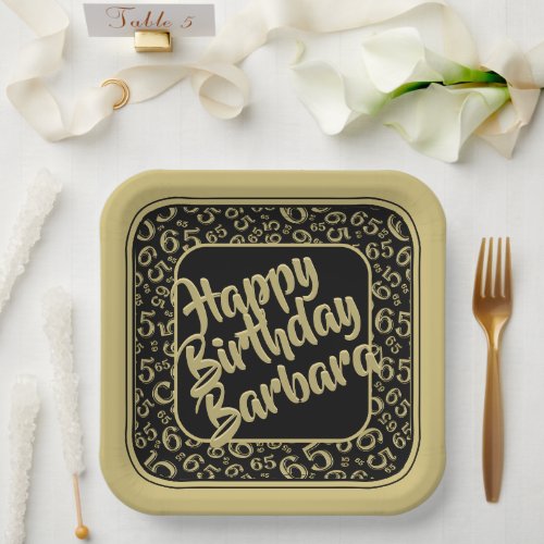 65th Birthday Party Number Pattern Black Gold Paper Plates
