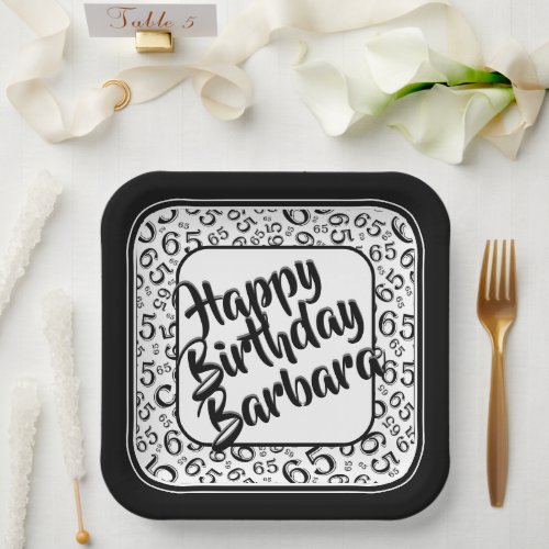 65th Birthday Party Number Pattern Black White Paper Plates