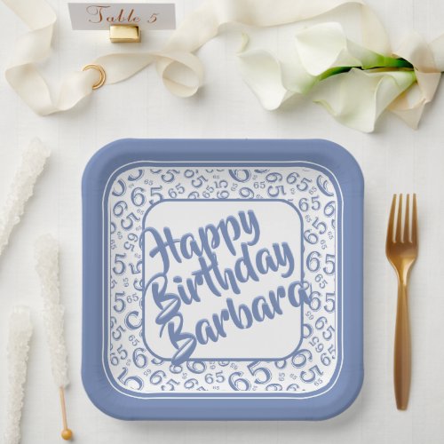 65th Birthday Party Number Pattern Blue White Paper Plates