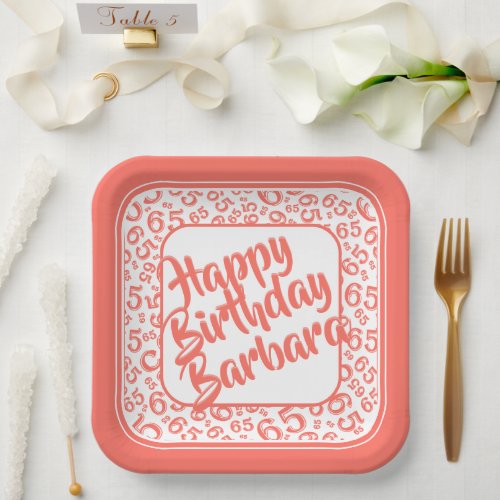 65th Birthday Party Number Pattern Coral White Paper Plates