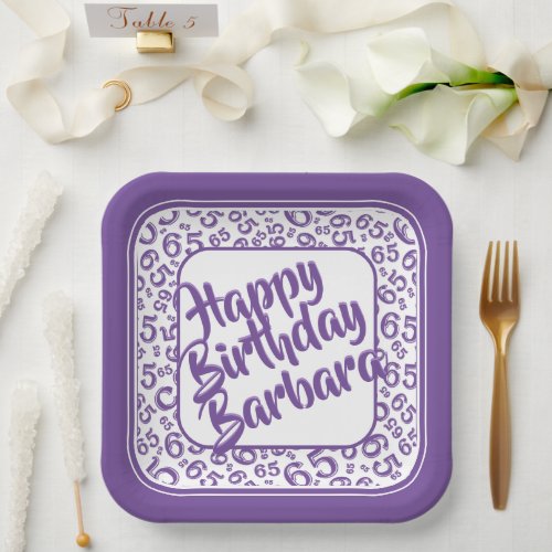 65th Birthday Party Number Pattern Purple White Paper Plates