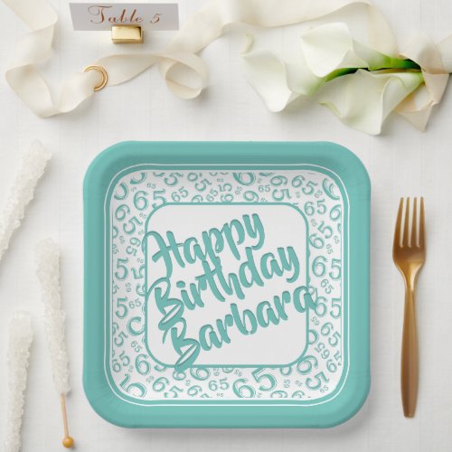 65th Birthday Party Number Pattern Teal White Paper Plates