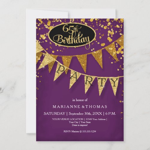 65th Birthday Party Pennant Banner Confetti Invitation