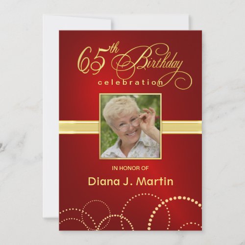 65th Birthday Party Photo Invitations Elegant Red