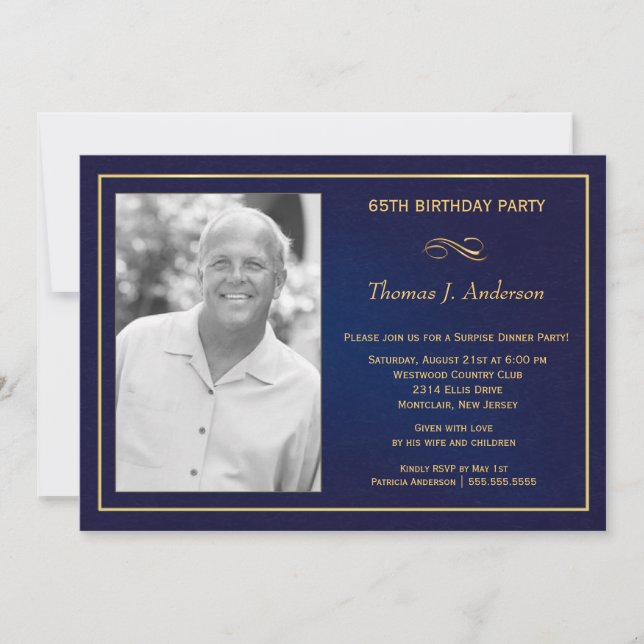65th Birthday Party Photo Invitations  Royal Blue (Front)