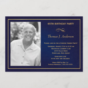 65th Birthday Party Photo Invitations Royal Blue