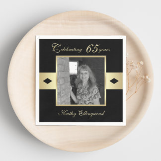 65th Birthday Party Photo on Black Napkins