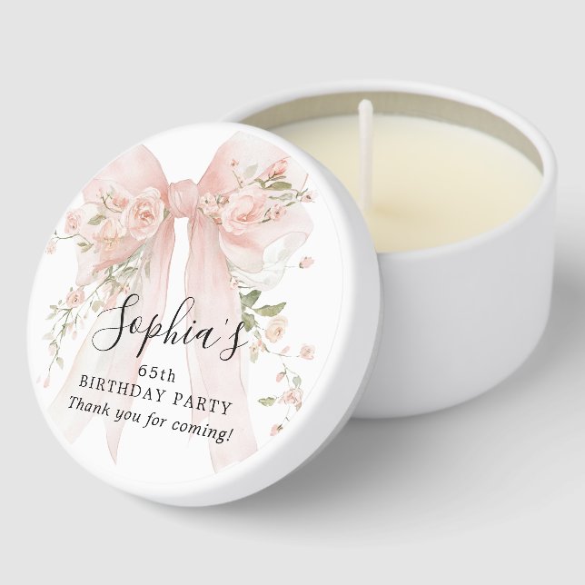 65th Birthday Party Pink Bow with Roses Mini Candle Favors (Corner)