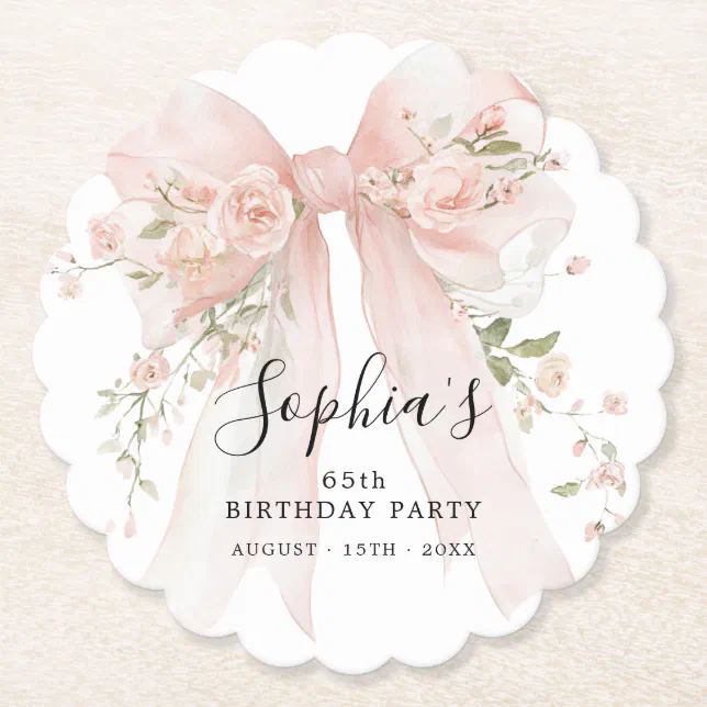 65th Birthday Party Pink Bow with Roses Paper Coaster | Zazzle