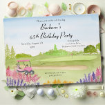 65th Birthday Party Pink Golf Cart Golf Course Invitation<br><div class="desc">This charming watercolor features a pine-lined golf course and a playful pink golf cart, framed by soft pink astilbe and blooming Russian sage—creating a lighthearted, serene setting perfect for a 65th birthday celebration. Ideal for the woman who loves golf and beautiful details, this invitation blends floral elegance with sporty fun....</div>