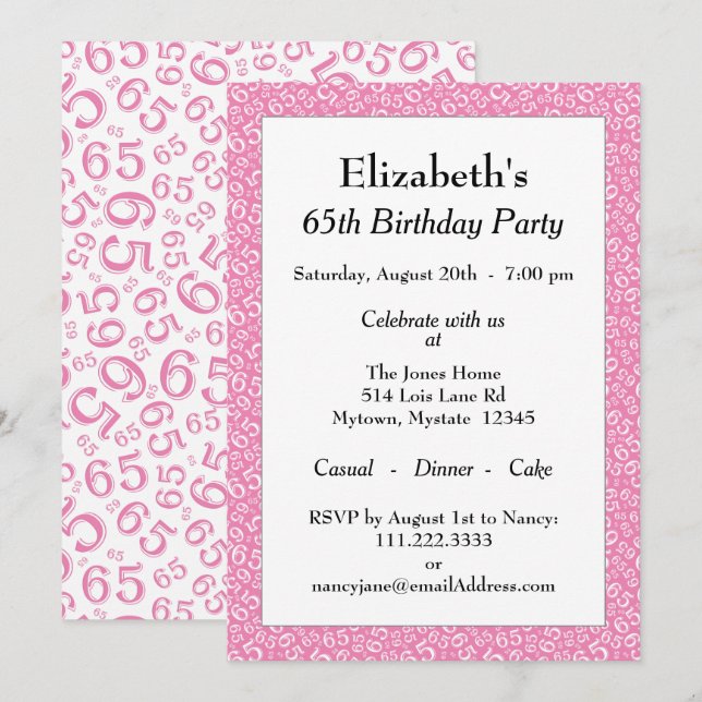 65th Birthday Party, Pink/White Number Pattern Invitation (Front/Back)