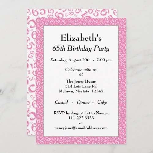 65th Birthday Party PinkWhite Number Pattern Invitation