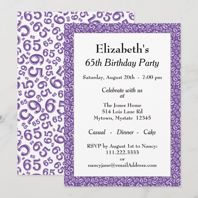 65th Birthday Party Purple/White Number Pattern Invitation (Front/Back)