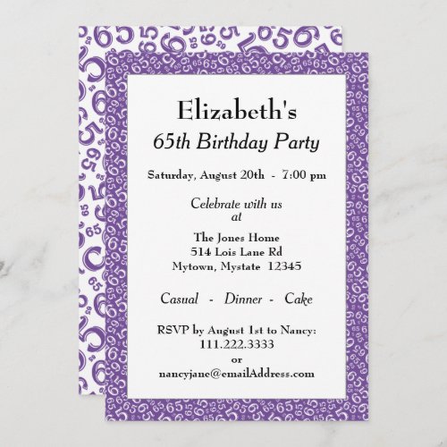 65th Birthday Party PurpleWhite Number Pattern Invitation