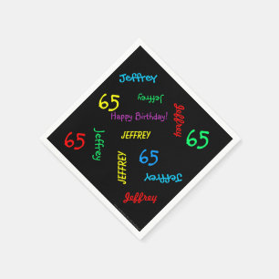 65th Birthday Party Repeating Names, Black Paper Napkins