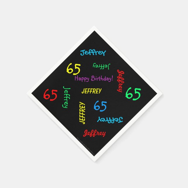 65th Birthday Party Repeating Names, Black Paper Napkins (Corner)