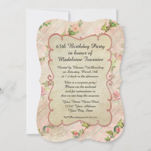 65th Birthday Party Scroll Frame w Vintage Roses Invitation