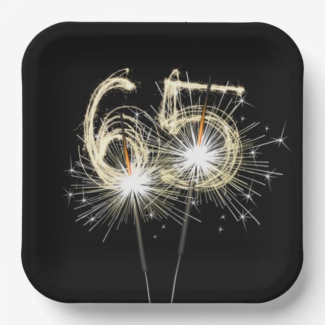 65th Birthday Party Sparklers on Black   Paper Plates (Front)