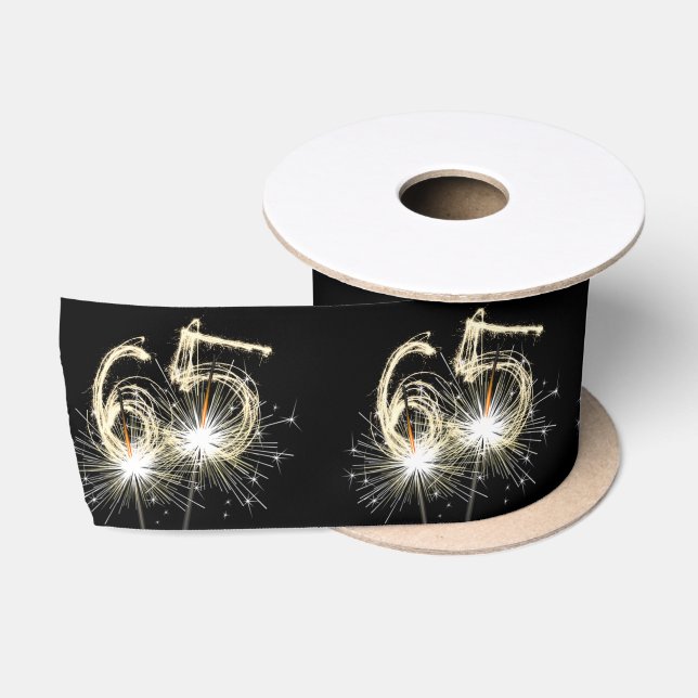 65th Birthday Party Sparklers on Black   Satin Ribbon (Spool)