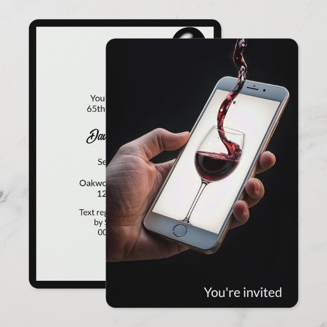 65th Birthday Party Wine On Smartphone Screen Invitation (Front/Back)