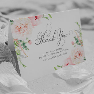 65th Birthday Photo Blush Pink Floral Folded Thank You Card