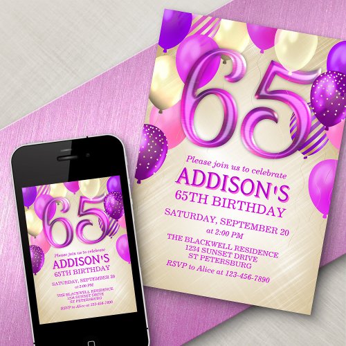 65th Birthday Pink Balloons Invitation