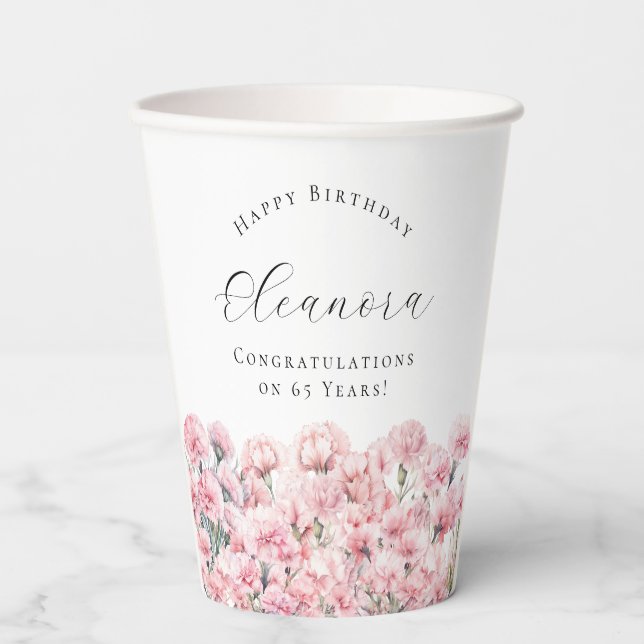 65th Birthday Pink Carnation January Birth Flower Paper Cups (Front)