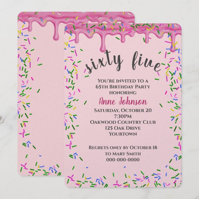 65th Birthday Pink Icing And Sprinkles Invitation (Front/Back)