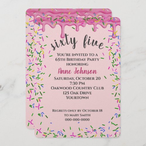 65th Birthday Pink Icing And Sprinkles Invitation