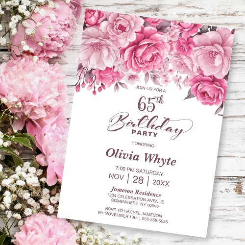 65th Birthday Pink Rose Floral Party Invitation