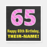 [ Thumbnail: 65th Birthday: Pink Stripes and Hearts "65" + Name Napkins ]