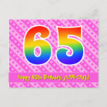 [ Thumbnail: 65th Birthday: Pink Stripes & Hearts, Rainbow 65 Postcard ]