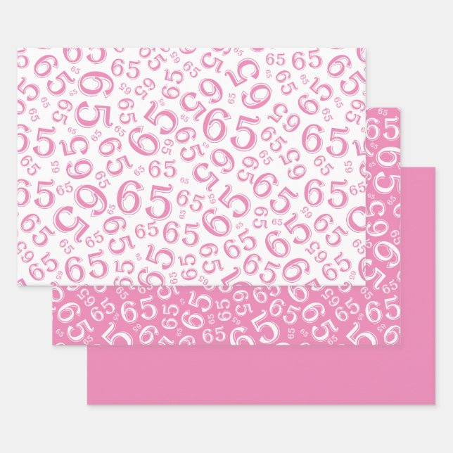 65th Birthday Pink & White Number Pattern 65 Wrapping Paper Sheets (Set)