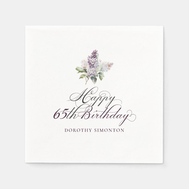 65th Birthday Purple Lilac Spring Flower Cocktail Napkins (Front)