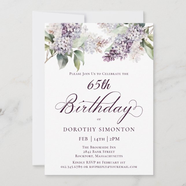 65th Birthday Purple Spring Lilac Flower Invitation (Front)