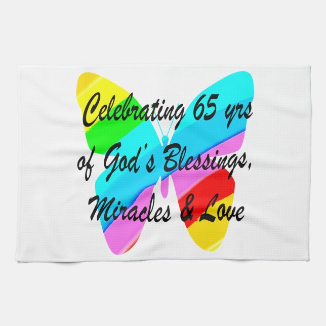 65TH BIRTHDAY RAIN BUTTERFLY DESIGN KITCHEN TOWEL (Horizontal)