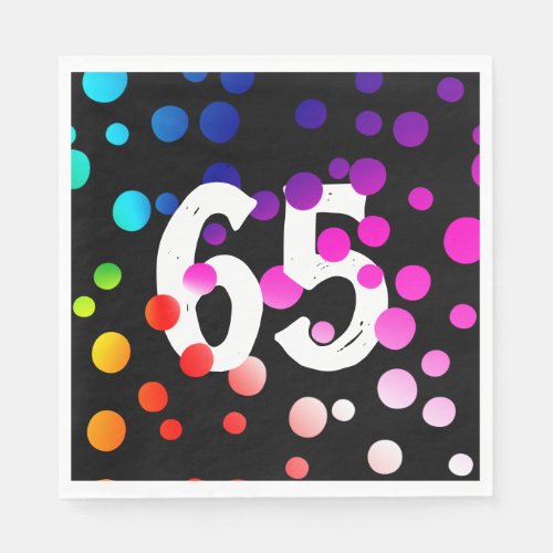 65th Birthday Rainbow Dots on Black Napkins