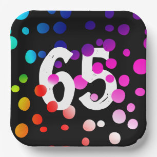 65th Birthday Rainbow Dots on Black Paper Plates