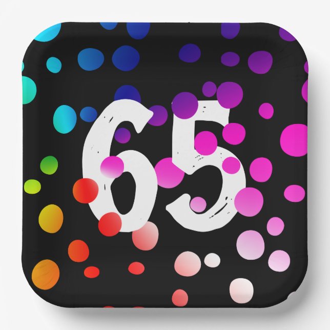 65th Birthday Rainbow Dots on Black  Paper Plates (Front)