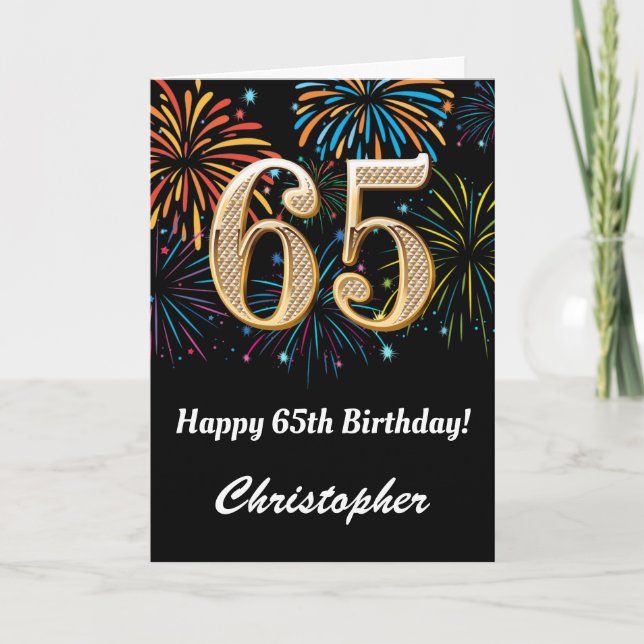 65th Birthday Rainbow Fireworks Black and Gold Card (Front)