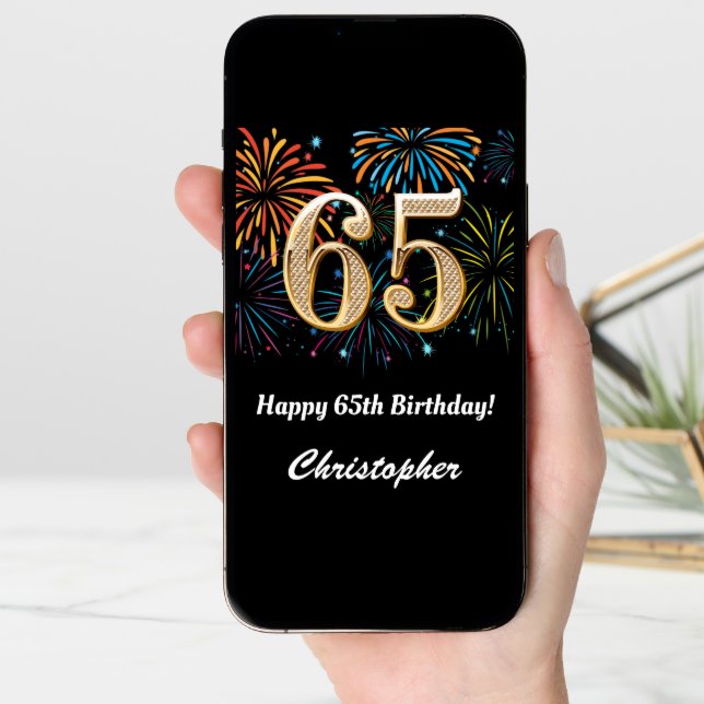 65th Birthday Rainbow Fireworks Black and Gold Card (Front Digital)
