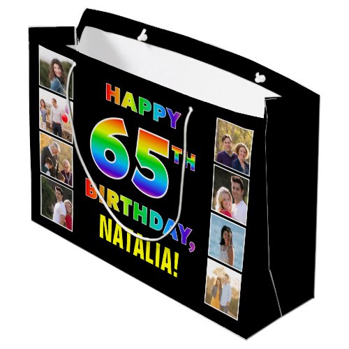 65th Birthday Rainbow Text Custom Photos  Name Large Gift Bag
