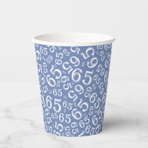 65th Birthday Random Number Pattern BlueWhite 65 Paper Cups