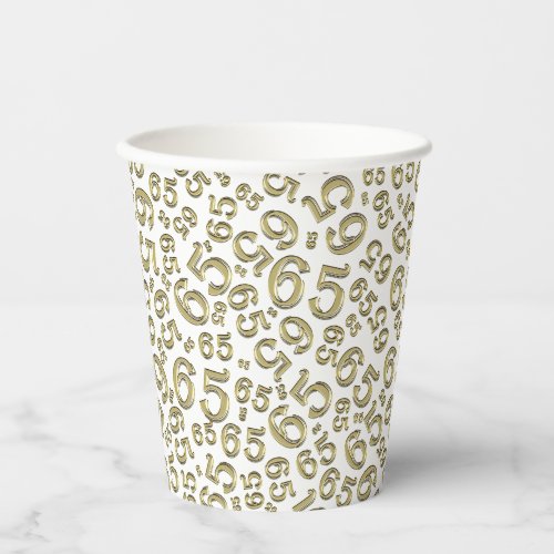 65th Birthday Random Number Pattern GoldWhite 65 Paper Cups