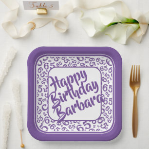 65th Birthday Random Number Pattern Purple/White Paper Plates
