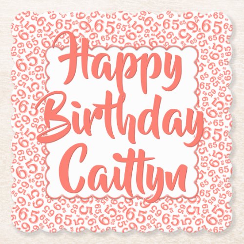 65th Birthday Random Number Pattern Scallops Coral Paper Coaster
